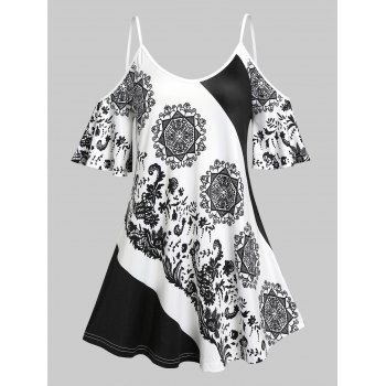 

Plus Size Tribal Printed Cold Shoulder Tee, White