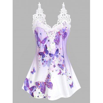 

Floral Butterfly Print Lace Insert Tank Top, Light purple