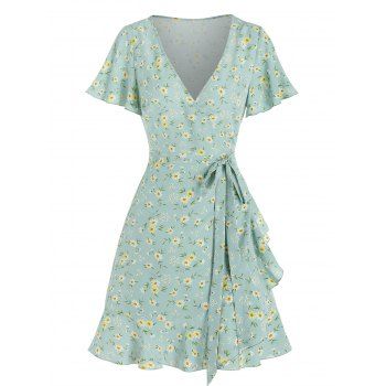 

Belted Tiny Floral Print Wrap Dress, Light green