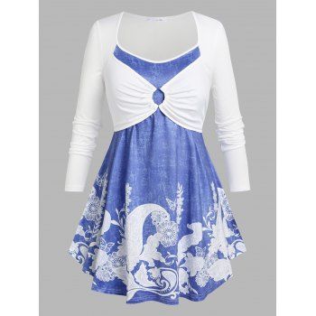 

Plus Size O Ring Floral Print 2 in 1 T-shirt, Blue