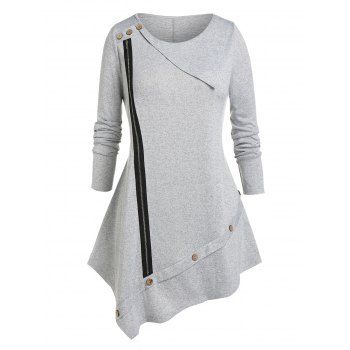 

Plus Size Zippered Irregular Tee, Light gray