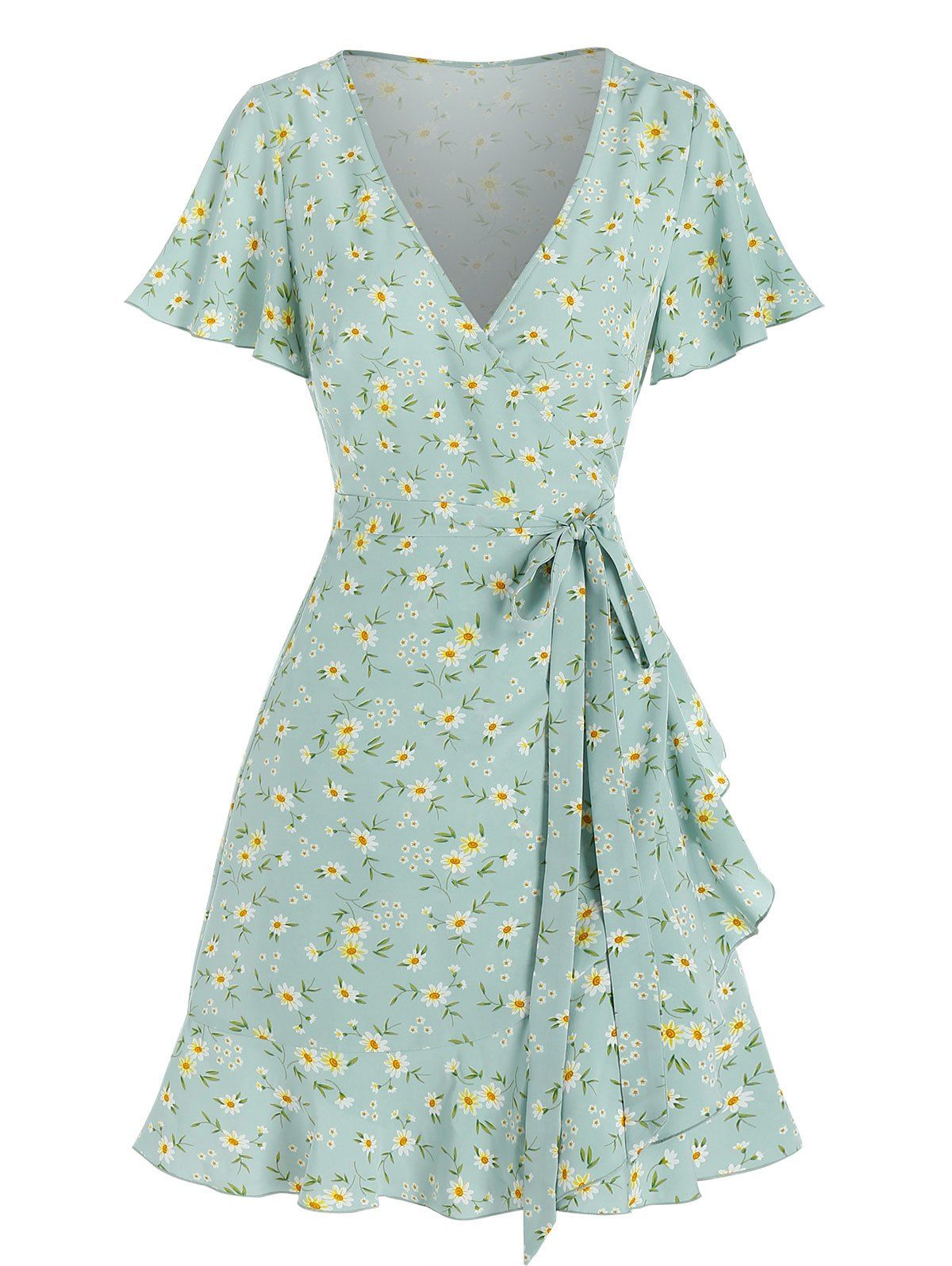 Ditsy Tiny Floral Flutter Sleeve Flounce Knotted Wrap Dress - LIGHT GREEN 2XL
