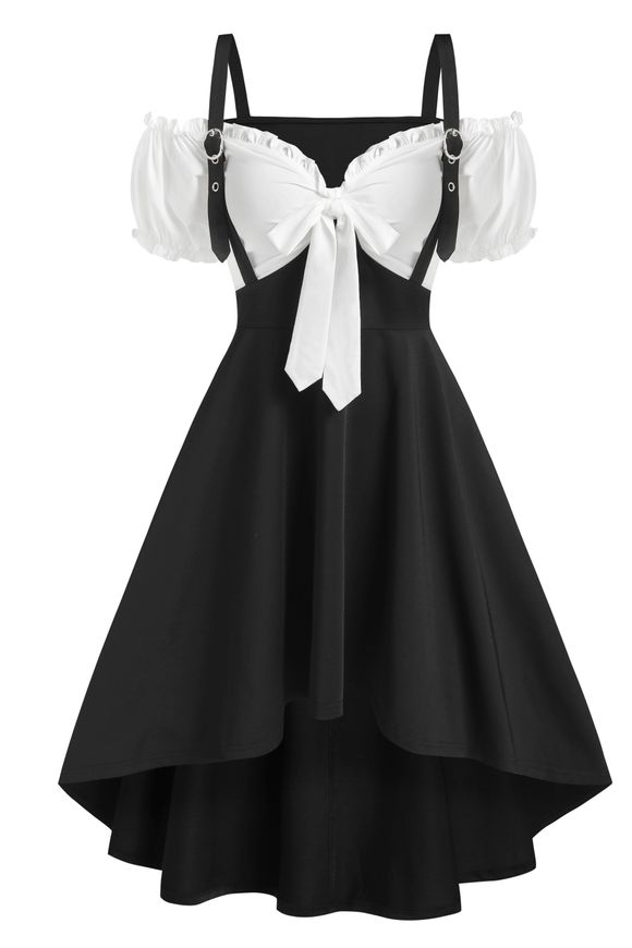 Robe Fourreau Haute Basse Epaule Dénudée avec Nœud Papillon - Noir XL
