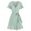 Robe Portefeuille Enveloppée Ceinturée Fleurie Imprimée - Vert clair L