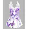 Débardeur Ombré à Imprimé Papillon et Fleur en Dentelle Insérée - Violet clair S