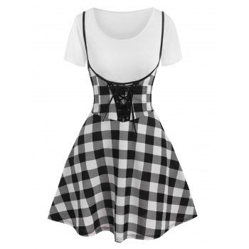 

Contrast Colorblock Lace Up Two Piece Suspender Skirt Set, White