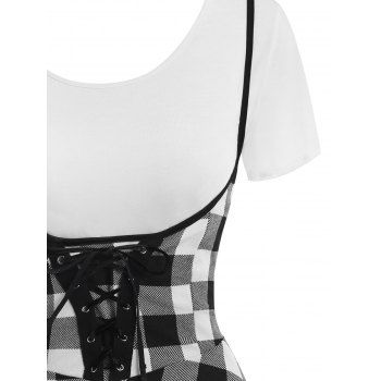 Contrast Colorblock Lace Up Two Piece Suspender Skirt Set