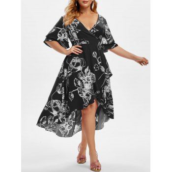 

Plus Size Floral Print High Low Bell Sleeve Midi Dress, Black