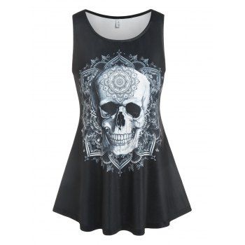 

Gothic Retro Skull Floral Print A Line Tank Top, Black