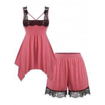 

Plus Size Lace Panel Handkerchief Tank Top and Shorts Pajamas Set, Red