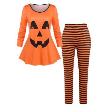 

Plus Size Halloween Pumpkin Face Print Striped Pajamas Set, Orange