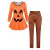 Ensemble de Pyjama D'Halloween Rayé à Imprimée Citrouille de Grande Taille - Orange 2X