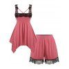 Ensemble de Pyjama Débardeur Mouchoir Panneau en Dentelle de Grande Taille et de Short - Rouge 2X