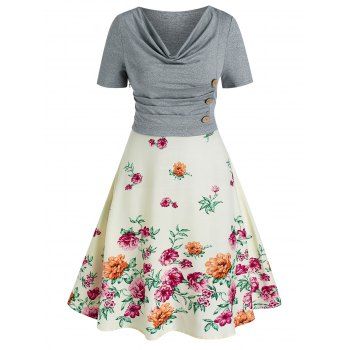 

Cowl Neck Mixed Media Floral Print Dress, Multicolor