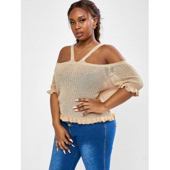 

Plus Size Knit Frilled Cold Shoulder Top, Light coffee