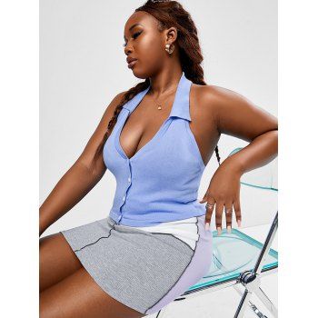 

Plus Size Halter Knit Button Up Open Back Crop Tank Top, Light blue