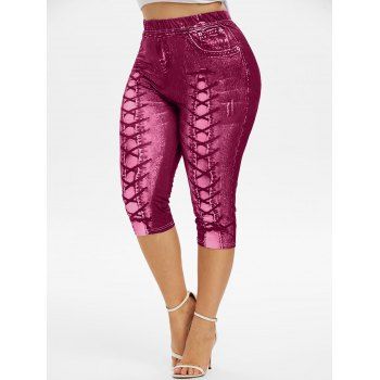 

Plus Size 3D Lace Up Jean Print Cropped Leggings, Deep red