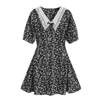 Plus Size Ditsy Print Flat Collar A Line Dress