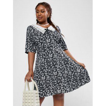 Plus Size Ditsy Print Flat Collar A Line Dress, Black