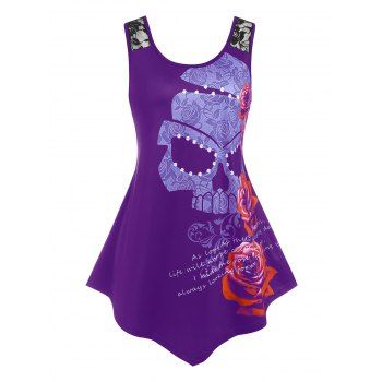 

Plus Size Skull Floral Print Lace Panel Irregular Tank Top, Concord