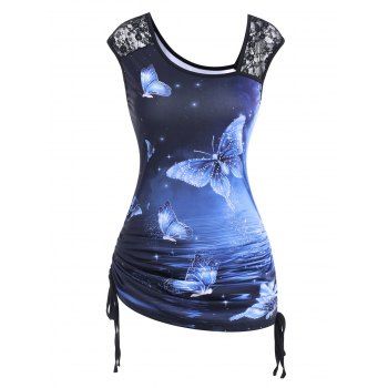 

Lace Insert Cinched Galaxy Butterfly Print Tank Top, Blue