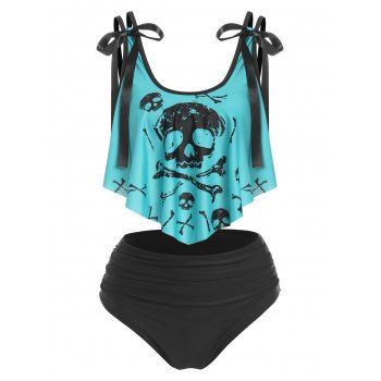 

Gothic Tankini Swimsuit Skull Print Bathing Suit Bowknot Ruched Tummy Control Swimwear, Light blue