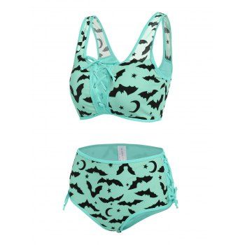 

Bat Crescent Mesh Lace-up Bikini Set, Light green