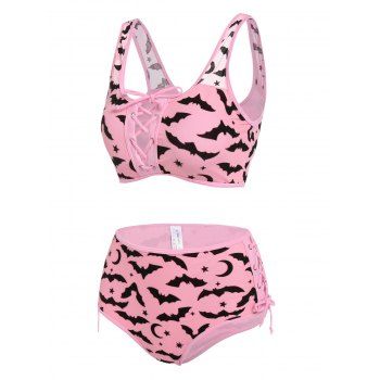 

Gothic Bikini Swimsuit Bat Crescent Star Print Bathing Suit Cinched Mesh Lace Up Cut Out Swimwear, Light pink