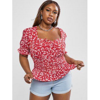

Plus Size Sweetheart Neck Ditsy Print Smocked Detail Puff Sleeve Blouse, Red