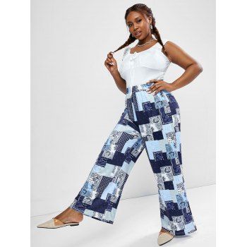 

Plus Size Ruched Sleeveless Top and Paisley Patchwork Print Wide Leg Pants, Deep blue