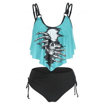 

Gothic Swimsuit Skull Print Strappy Cinched Tummy Control Tankini Swimwear, Light blue