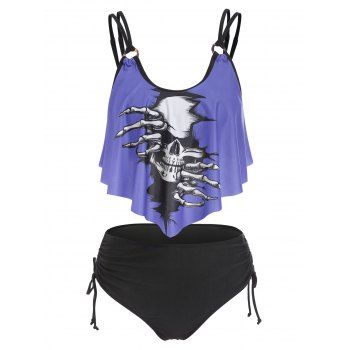 

Gothic Swimsuit Skull Print Strappy Cinched Tummy Control Tankini Swimwear, Light purple