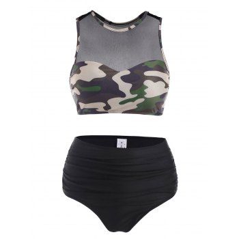 

Sporty Mesh Panel Camo Ruched Racerback Tankini Swimwear, Black