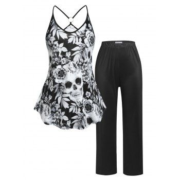 

Plus Size Skull Rose Print Tank Top and Pants Pajamas Set, Black