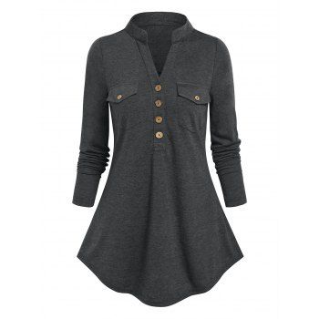 

Half Button Double Pockets Heathered T-shirt, Dark gray