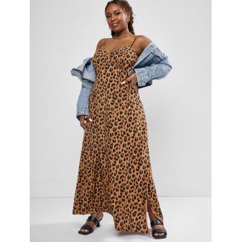 

Plus Size Leopard Print High Slit Dress, Coffee