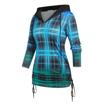 

Plus Size Ombre Color Plaid Cinched Hoodie, Blue