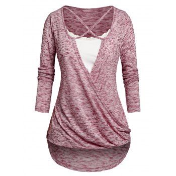 

Plus Size Space Dye Surplice T-shirt and Cami Top Set, Deep red