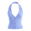 Plus Size Halter Knit Button Up Open Back Crop Tank Top - LIGHT BLUE 3XL