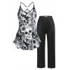 Ensemble de Pyjama Débardeur à Imprimé  Rose Crâne de Grande Taille et Pantalon - Noir 1X