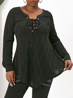 Plus Size Eyelet Lace Up Roll Up Sleeve Top
