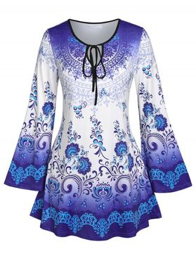 Plus Size Ombre Print Keyhole Tie Bell Sleeve Tee