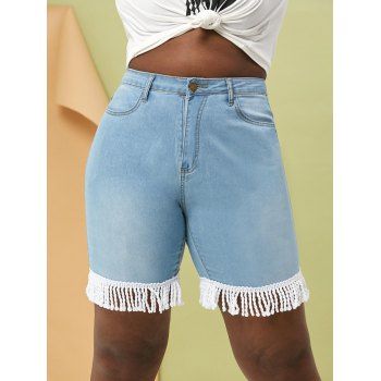 

Braided Fringes Denim Plus Size Bermuda Shorts, Light blue