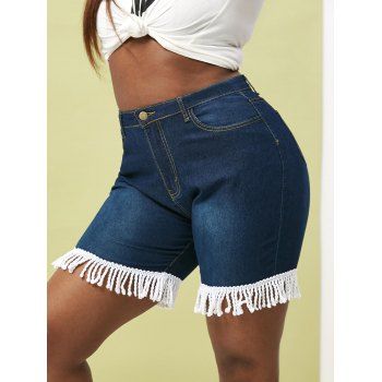 

Braided Fringes Denim Plus Size Bermuda Shorts, Deep blue