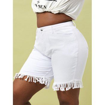 

Braided Fringes Denim Plus Size Bermuda Shorts, White