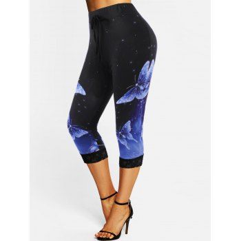 

Lace Insert Butterfly Print Galaxy Bowknot Capri Leggings, Blue