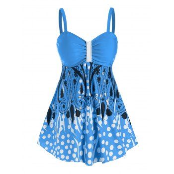 

Plus Size Paisley Polka Dot Print Ruched Padded Tankini Set, Blue