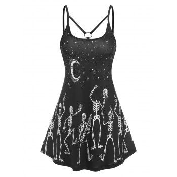 

Moon Stars Skeleton Print Spaghetti Strap O-ring Dress, Black