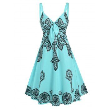 

Front Tie Tribal Print Midi Dress, Light blue