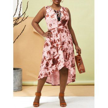 

Plus Size Tie Dye Lace-up High Low Maxi Sleeveless Dress, Deep red
